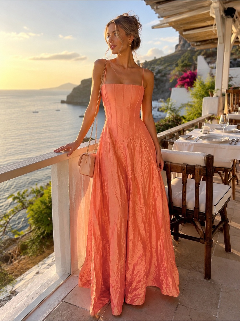 Strapless Coral Maxi Dress with Spaghetti Straps